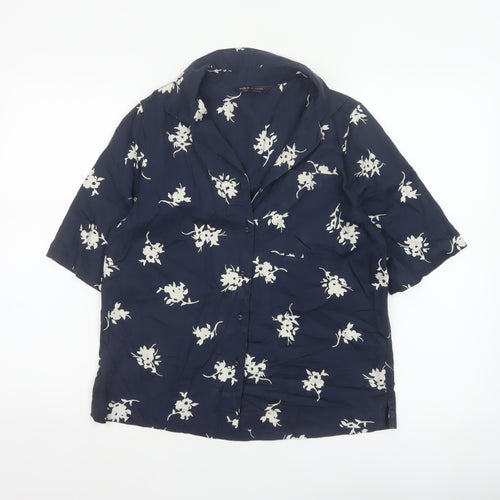 Marks & Spencer Women Blue UK 6 Floral Short Sleeve Button-Up Blouse