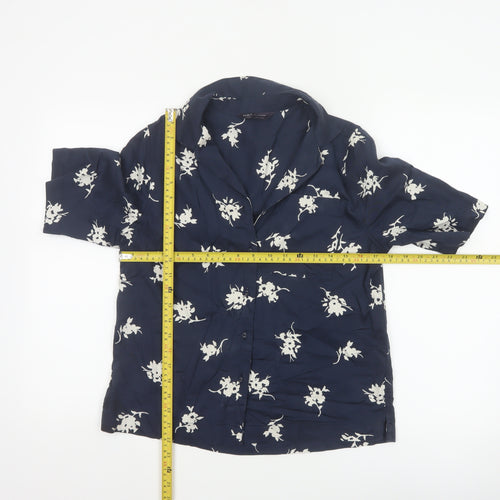 Marks & Spencer Women Blue UK 6 Floral Short Sleeve Button-Up Blouse