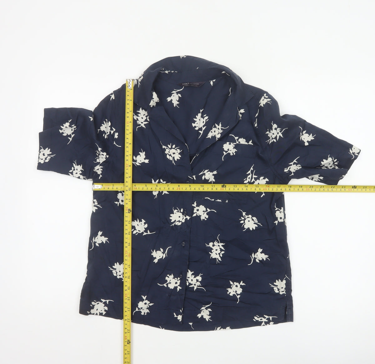 Marks & Spencer Women Blue UK 6 Floral Short Sleeve Button-Up Blouse