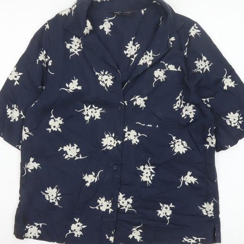 Marks & Spencer Women Blue UK 6 Floral Short Sleeve Button-Up Blouse