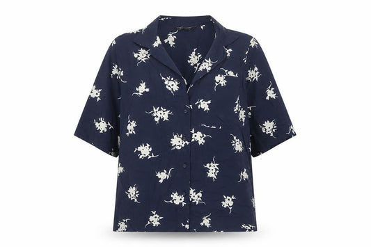 Front view of Marks & Spencer Women Blue UK 6 Floral Short Sleeve Button-Up Blouse