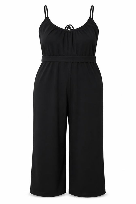 Front view of H&M Women's Black XL Wide-Leg Belted Strappy Jumpsuit