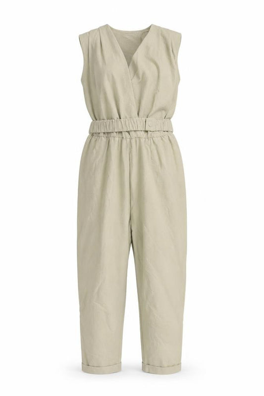 Zara Women Beige M Sleeveless V-Neck Belted Tapered Jumpsuit