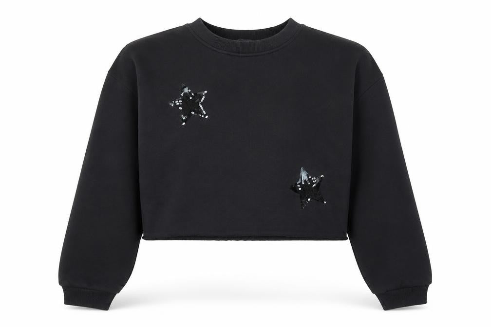 Primark Women Black S Sequin Star Cropped Pullover Sweatshirt