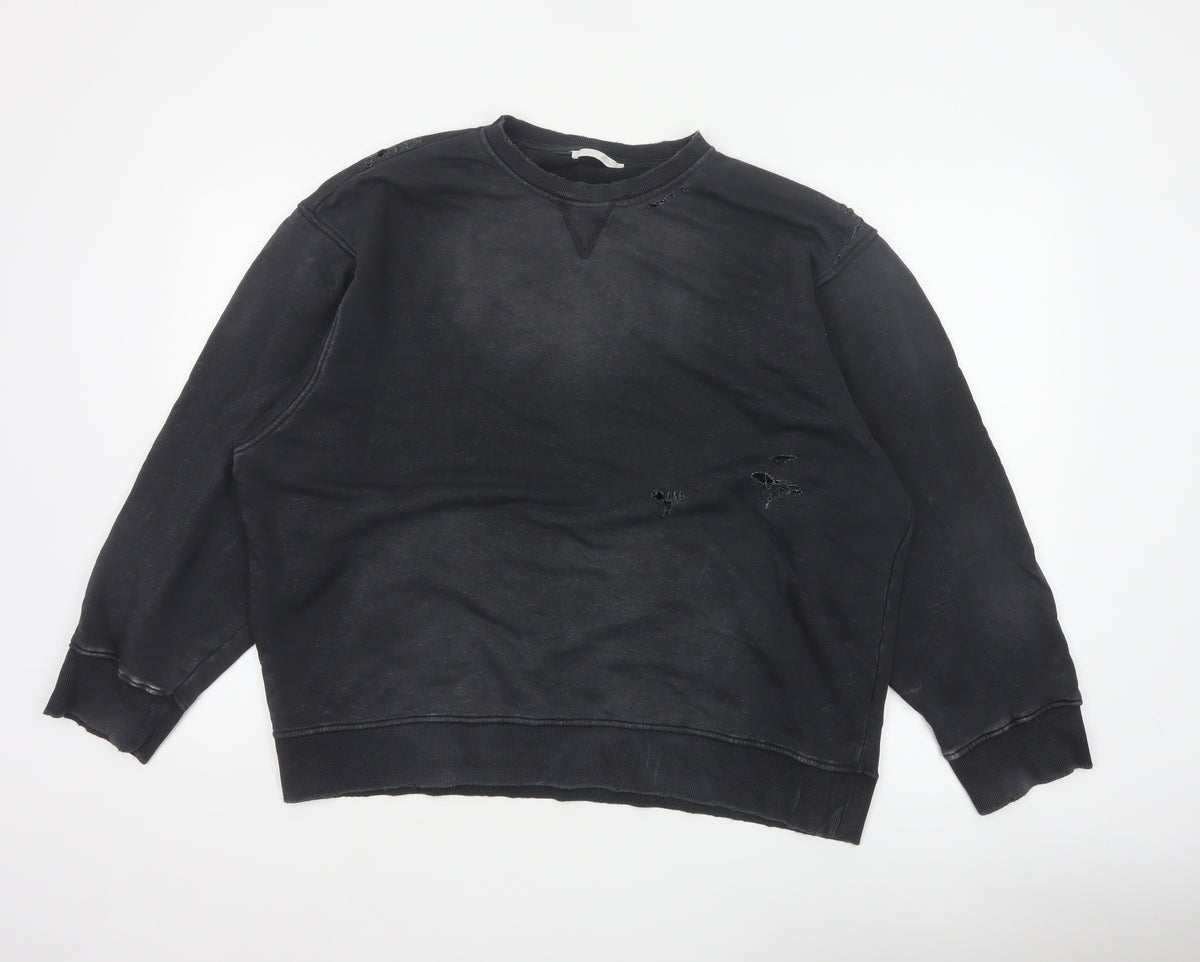 Back view of Zara Women’s Black S Distressed Crew Neck Pullover Sweatshirt