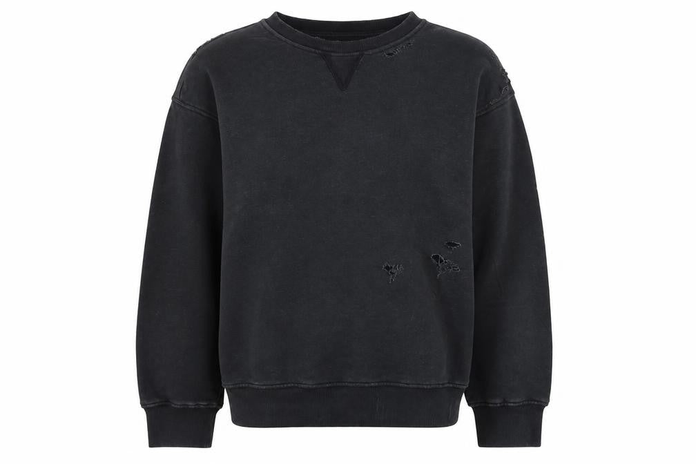Front view of Zara Women’s Black S Distressed Crew Neck Pullover Sweatshirt