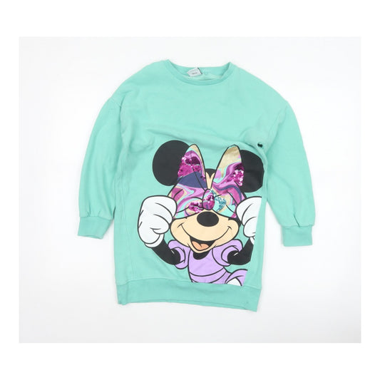 Front view of Next girls’ green 10 years minnie mouse sequin graphic tunic sweatshirt