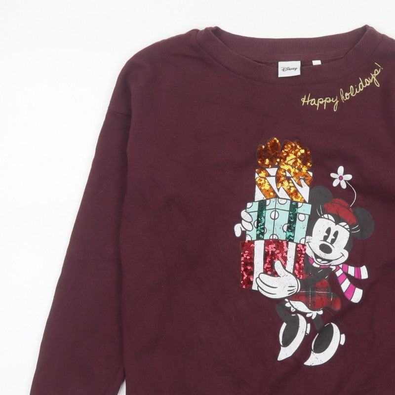 Disney Women’s Burgundy S Mickey Christmas Sequin Pullover Sweatshirt