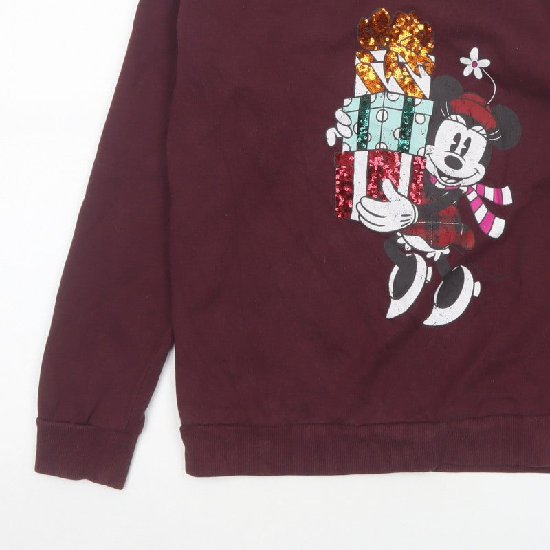 Disney Women’s Burgundy S Mickey Christmas Sequin Pullover Sweatshirt