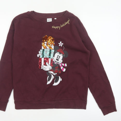 Disney Women’s Burgundy S Mickey Christmas Sequin Pullover Sweatshirt