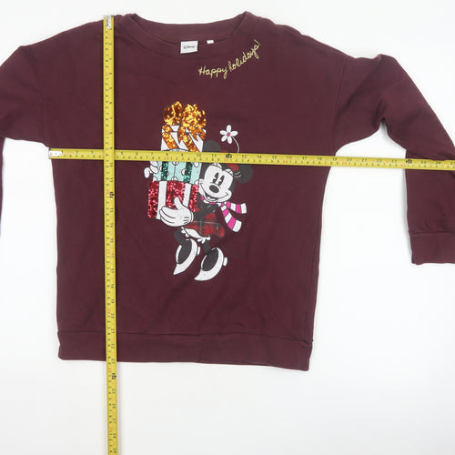 Disney Women’s Burgundy S Mickey Christmas Sequin Pullover Sweatshirt