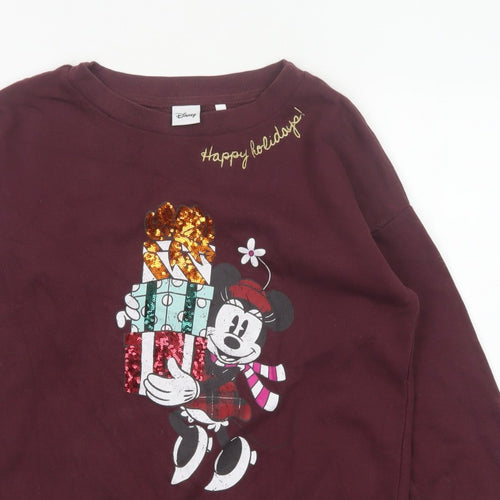 Disney Women’s Burgundy S Mickey Christmas Sequin Pullover Sweatshirt
