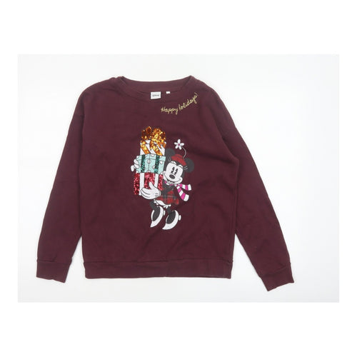 Disney Women’s Burgundy S Mickey Christmas Sequin Pullover Sweatshirt