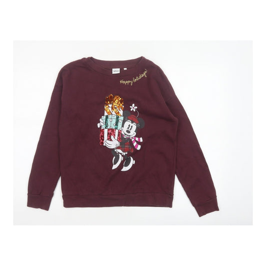 Front view of Disney Women’s Burgundy S Mickey Christmas Sequin Pullover Sweatshirt