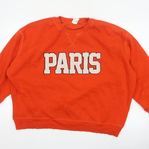 H&M Women Orange Paris Embroidered Fleece Sweatshirt UK 16