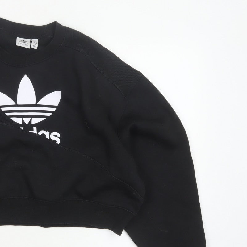 Adidas Women Black UK 10 Cropped Pullover Sweatshirt Trefoil 3 Stripe