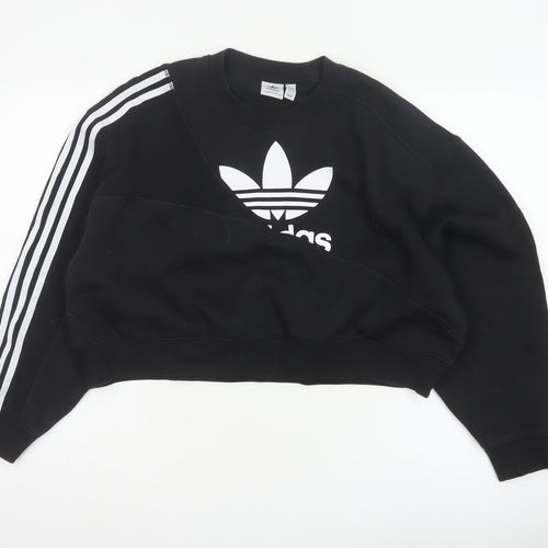 Adidas Women Black UK 10 Cropped Pullover Sweatshirt Trefoil 3 Stripe