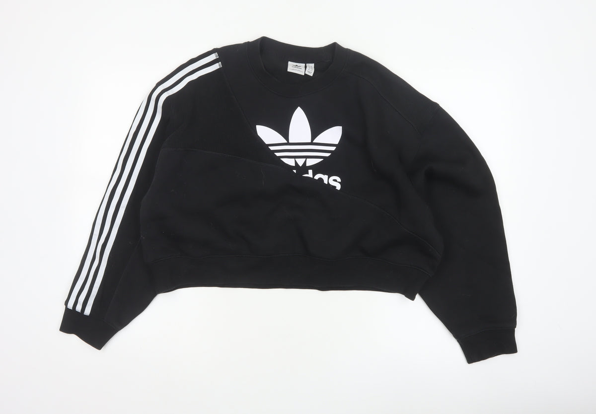Adidas Women Black UK 10 Cropped Pullover Sweatshirt Trefoil 3 Stripe