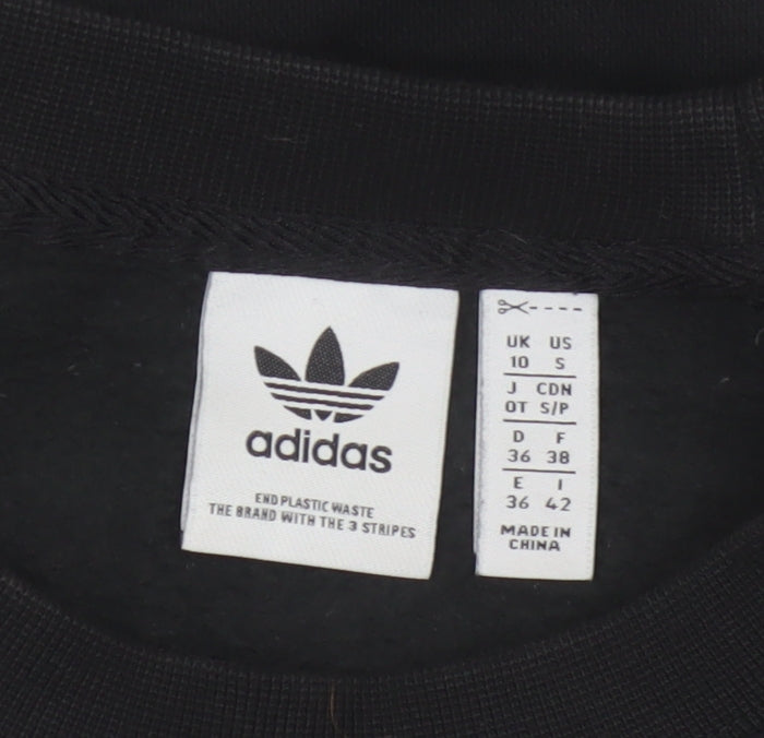 Adidas Women Black UK 10 Cropped Pullover Sweatshirt Trefoil 3 Stripe