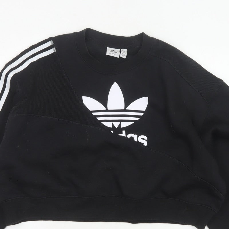 Adidas Women Black UK 10 Cropped Pullover Sweatshirt Trefoil 3 Stripe