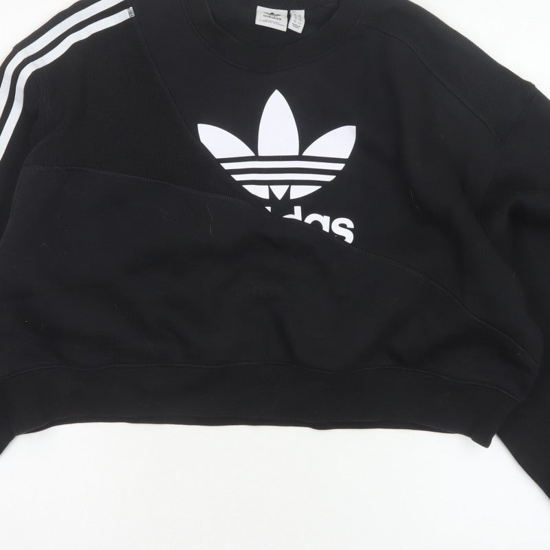 Adidas Women Black UK 10 Cropped Pullover Sweatshirt Trefoil 3 Stripe