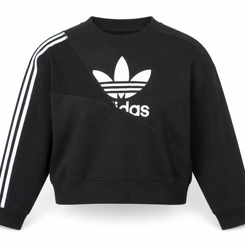 Adidas Women Black UK 10 Cropped Pullover Sweatshirt Trefoil 3 Stripe