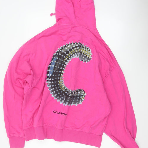 Collusion Women Pink M Oversized Pullover Hoodie Logo Graphic