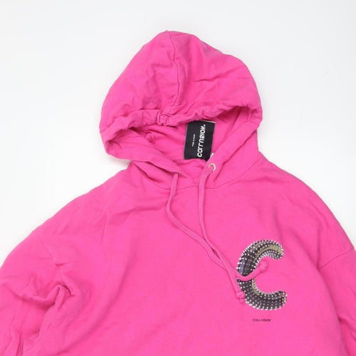 Collusion Women Pink M Oversized Pullover Hoodie Logo Graphic