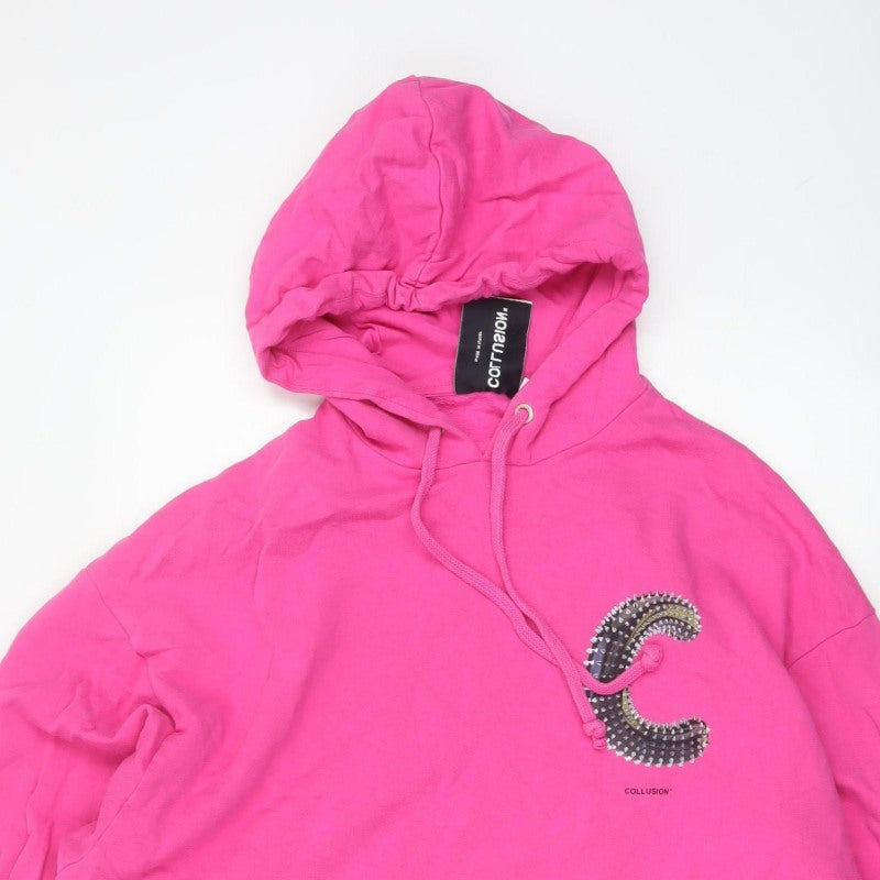 Collusion Women Pink M Oversized Pullover Hoodie Logo Graphic