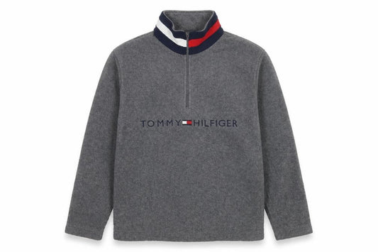 Front view of Tommy Hilfiger unisex adults grey m 1/4 zip fleece logo sweatshirt