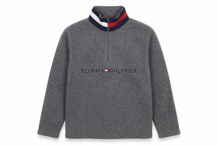 Front view of Tommy Hilfiger unisex adults grey m 1/4 zip fleece logo sweatshirt
