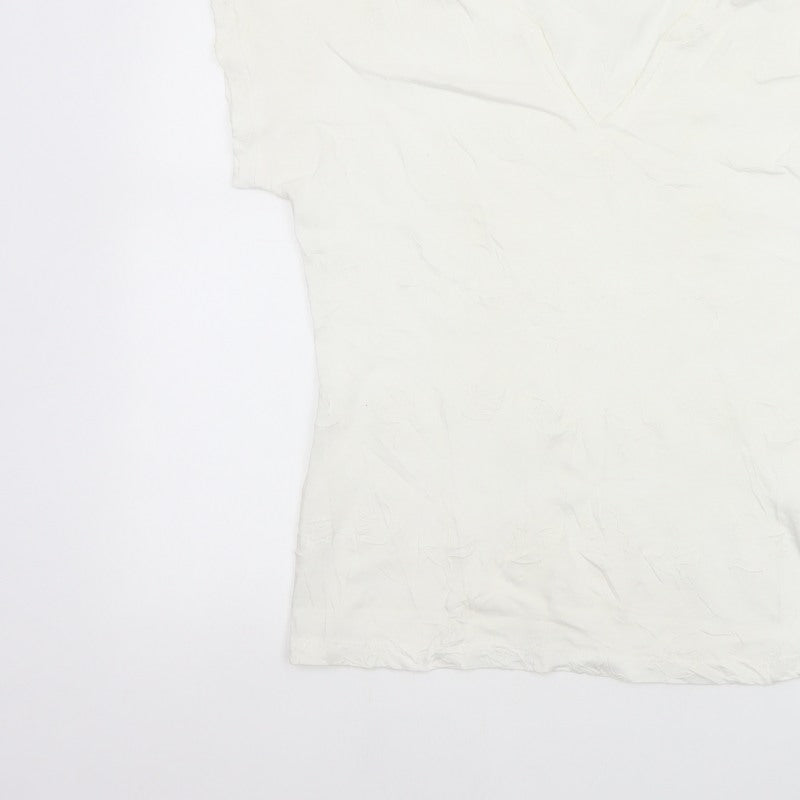 White Stuff Women Ivory UK 8 Embroidered Cotton V-Neck T-Shirt
