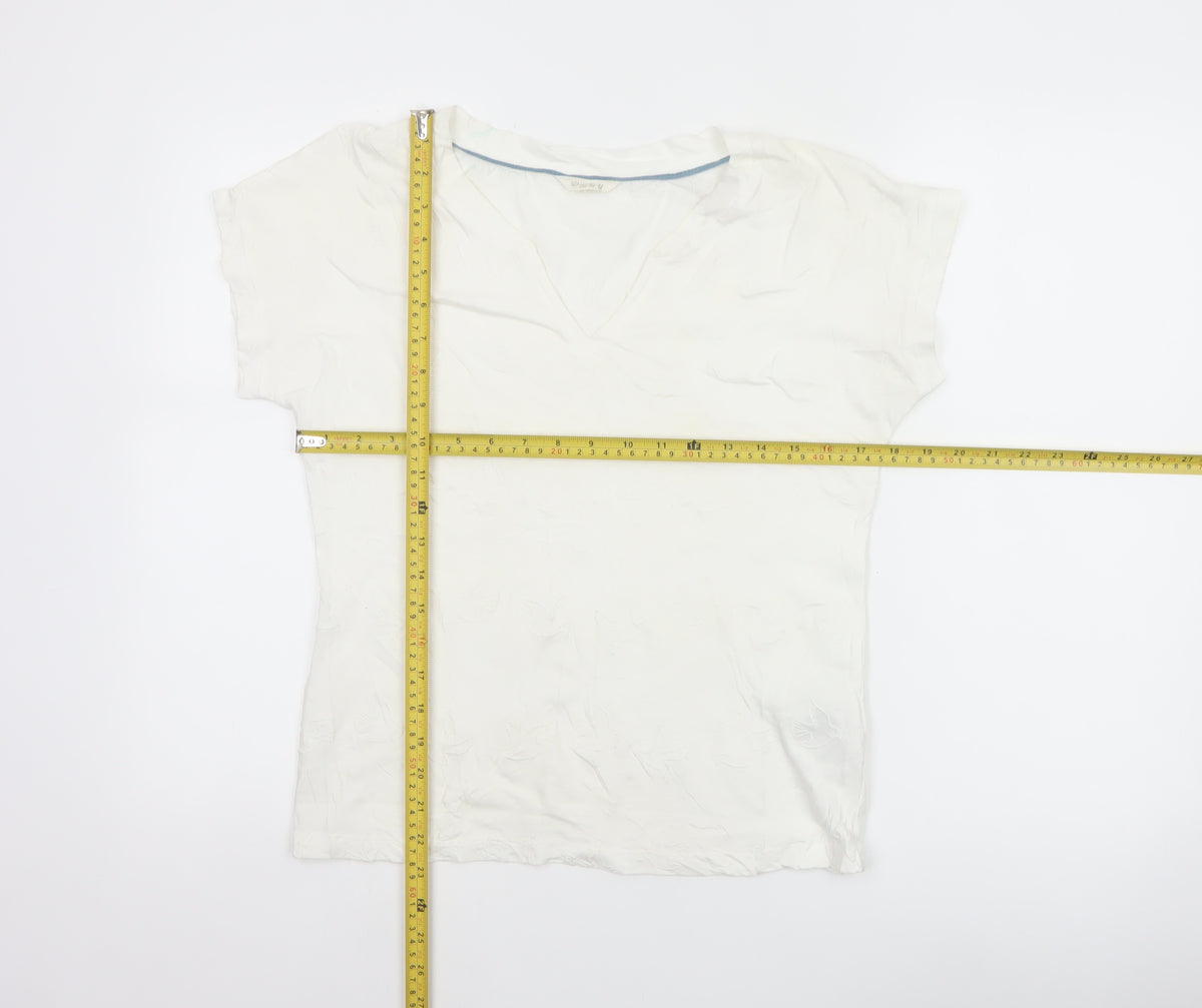 White Stuff Women Ivory UK 8 Embroidered Cotton V-Neck T-Shirt