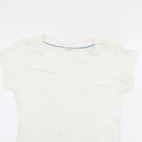 White Stuff Women Ivory UK 8 Embroidered Cotton V-Neck T-Shirt
