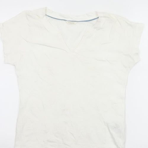White Stuff Women Ivory UK 8 Embroidered Cotton V-Neck T-Shirt