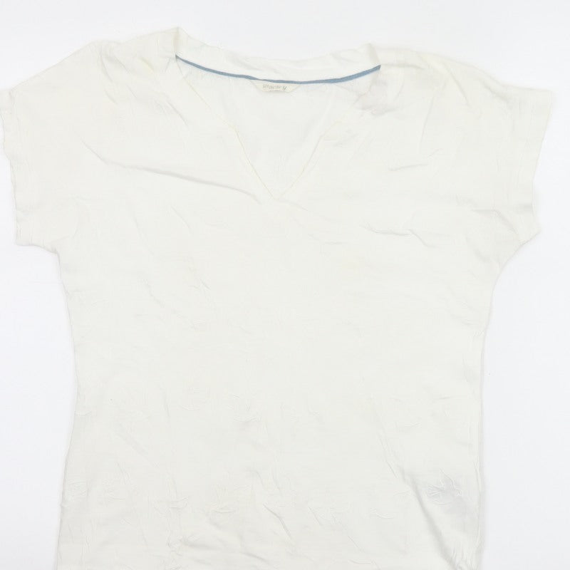 White Stuff Women Ivory UK 8 Embroidered Cotton V-Neck T-Shirt