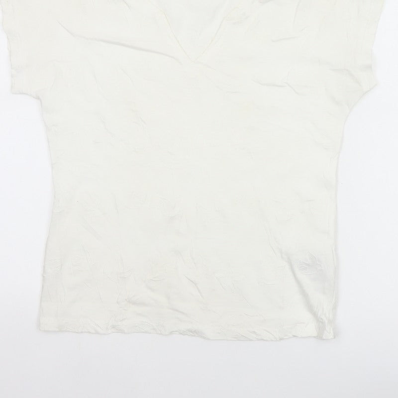 White Stuff Women Ivory UK 8 Embroidered Cotton V-Neck T-Shirt