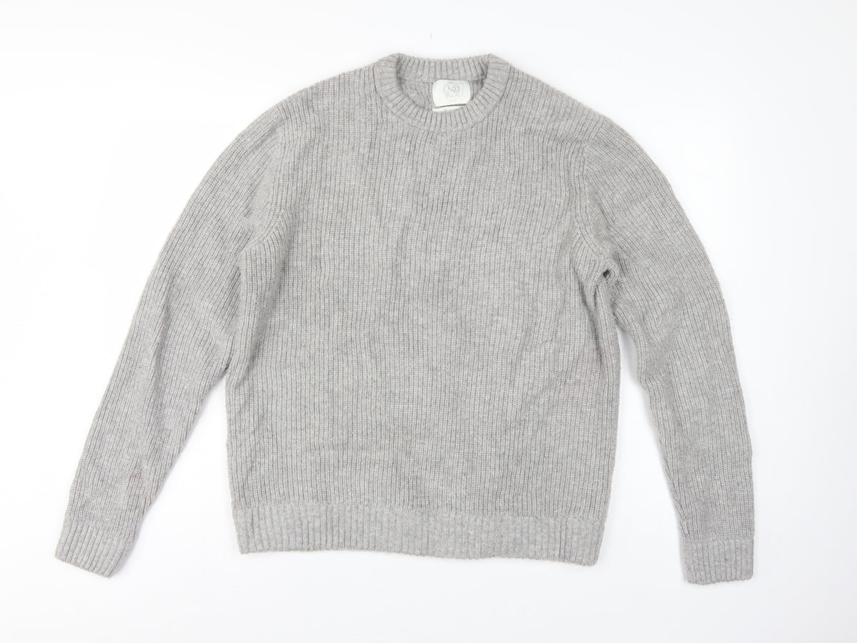 M&S Men Grey Large Wool Rich Chunky Knit Crew Neck Pullover Jumper