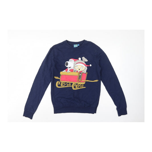 Front view of Family Guy Teens Blue S Christmas Brian Stewie Graphic Pullover Sweatshirt