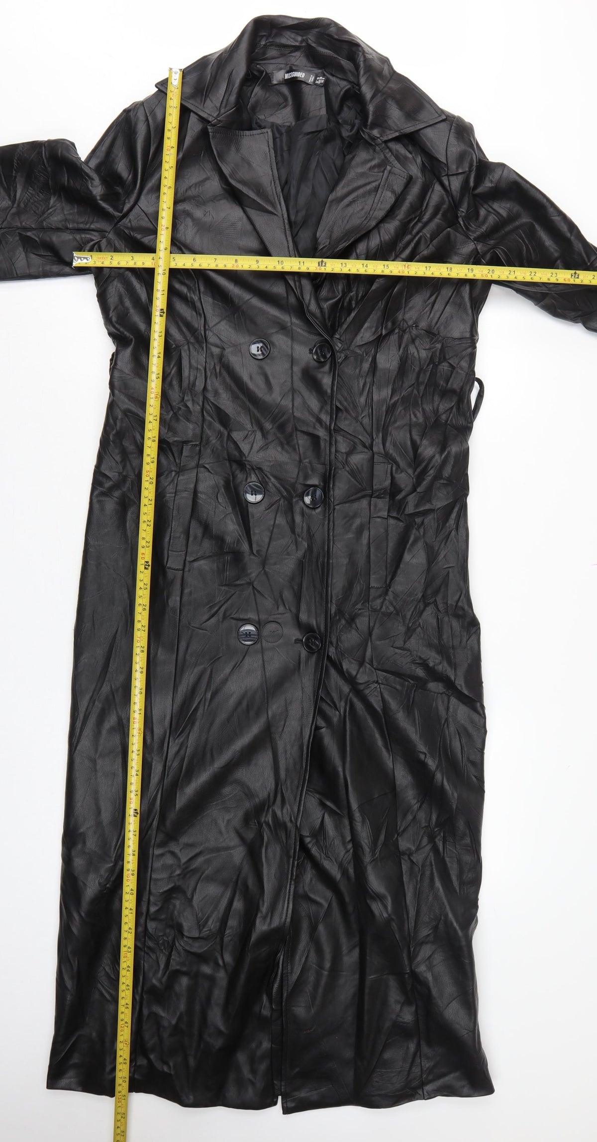 Missguided Women Black UK 10 Long Faux Leather Double-Breasted Trench Coat