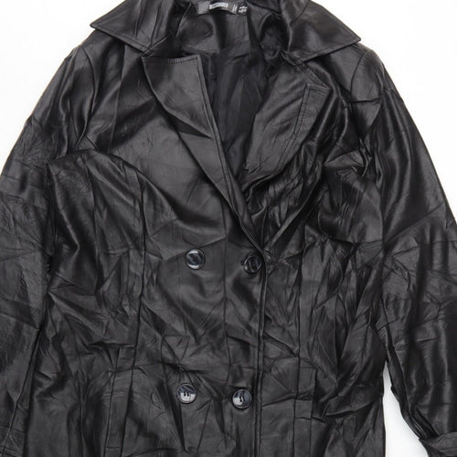 Missguided Women Black UK 10 Long Faux Leather Double-Breasted Trench Coat