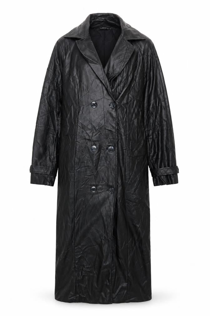 Missguided Women Black UK 10 Long Faux Leather Double-Breasted Trench Coat