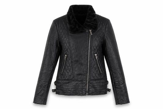 Osley Women’s Black UK 10 Faux Leather Biker Jacket Fur Collar