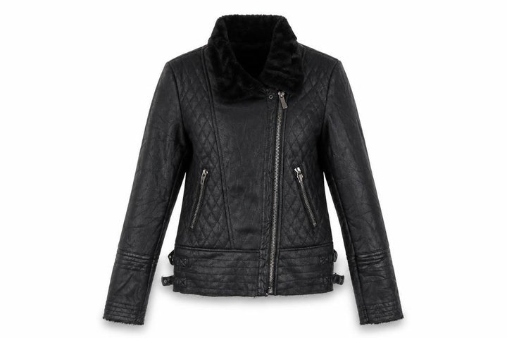 Osley Women’s Black UK 10 Faux Leather Biker Jacket Fur Collar