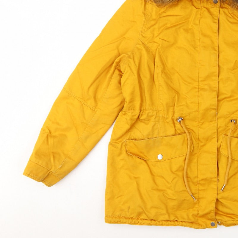 H&M Divided Women’s Yellow UK 16 Parka Faux Fur Hooded Cotton Jacket
