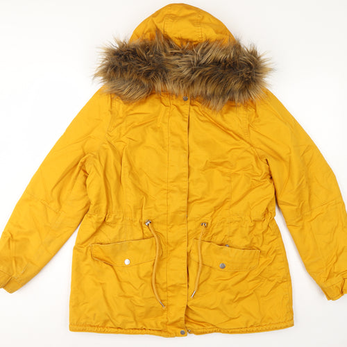 H&M Divided Women’s Yellow UK 16 Parka Faux Fur Hooded Cotton Jacket