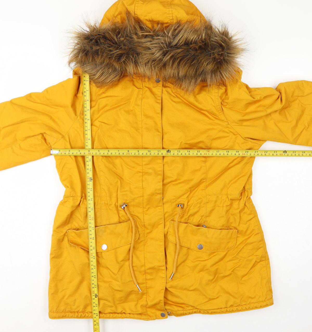 H&M Divided Women’s Yellow UK 16 Parka Faux Fur Hooded Cotton Jacket
