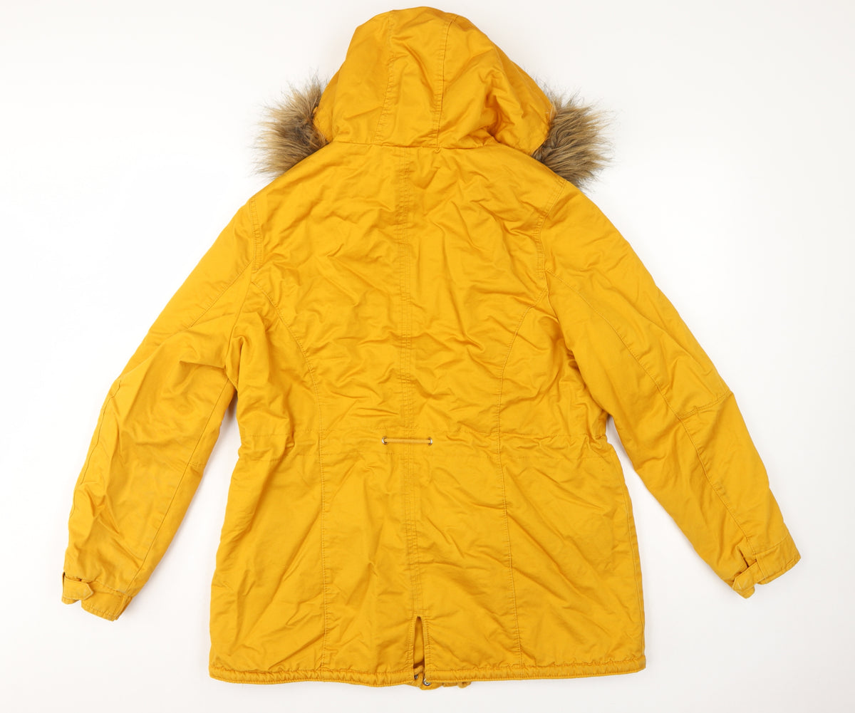 H&M Divided Women’s Yellow UK 16 Parka Faux Fur Hooded Cotton Jacket