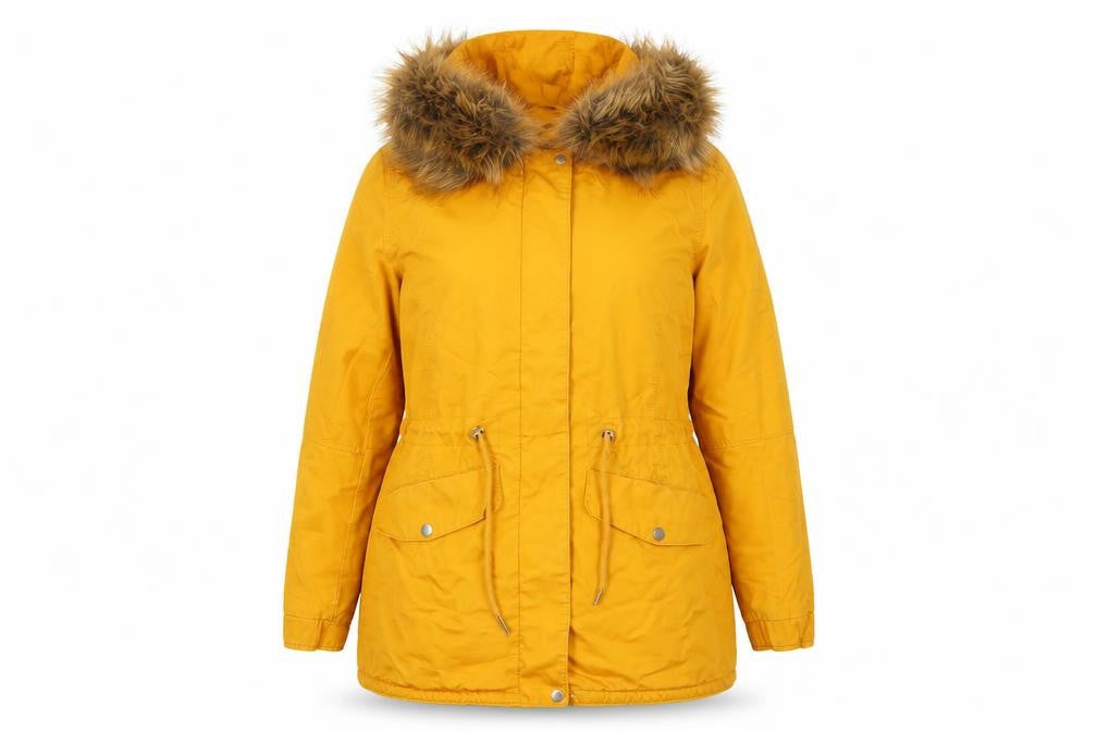 H&M Divided Women’s Yellow UK 16 Parka Faux Fur Hooded Cotton Jacket