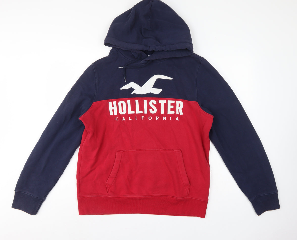 Hollister Men’s Navy Red L Pullover Hoodie Graphic Logo Pocket